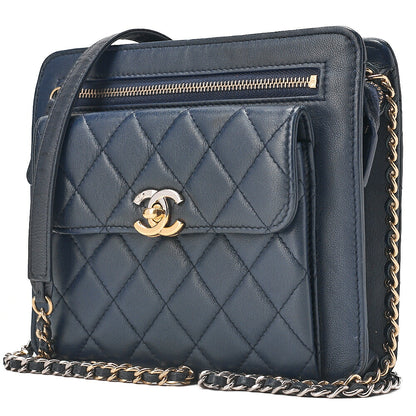 CHANEL Lambskin Mini Matelasse Turn Lock Chain Shoulder Navy Gold x Silver-Tone Hardware, Pre-Owned