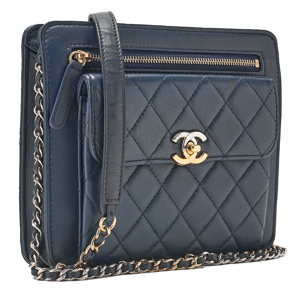 CHANEL Lambskin Mini Matelasse Turn Lock Chain Shoulder Navy Gold x Silver-Tone Hardware, Pre-Owned