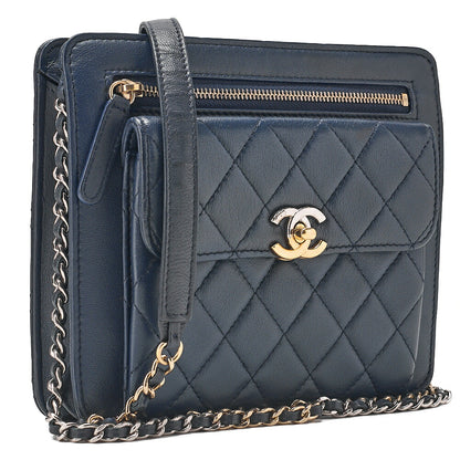 CHANEL Lambskin Mini Matelasse Turn Lock Chain Shoulder Navy Gold x Silver-Tone Hardware, Pre-Owned