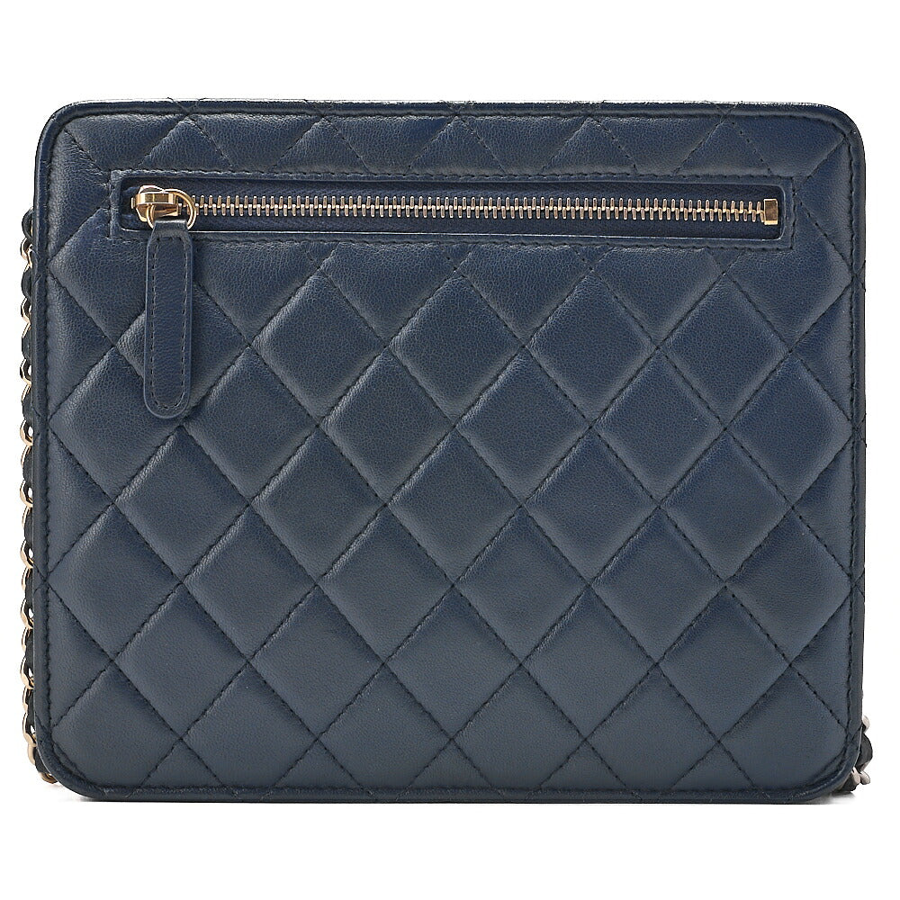 CHANEL Lambskin Mini Matelasse Turn Lock Chain Shoulder Navy Gold x Silver-Tone Hardware, Pre-Owned