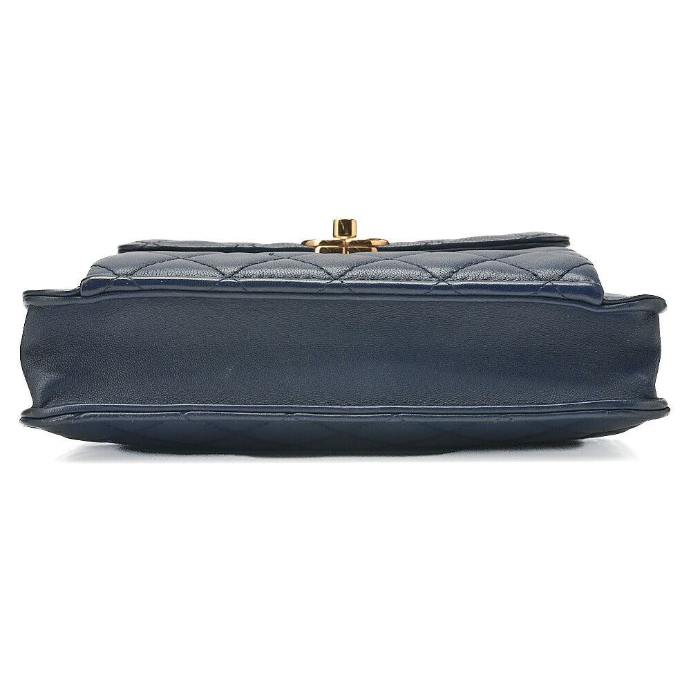 CHANEL Lambskin Mini Matelasse Turn Lock Chain Shoulder Navy Gold x Silver-Tone Hardware, Pre-Owned