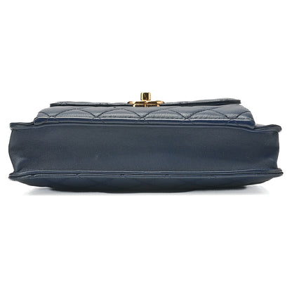 CHANEL Lambskin Mini Matelasse Turn Lock Chain Shoulder Navy Gold x Silver-Tone Hardware, Pre-Owned