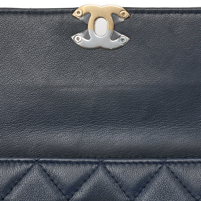 CHANEL Lambskin Mini Matelasse Turn Lock Chain Shoulder Navy Gold x Silver-Tone Hardware, Pre-Owned