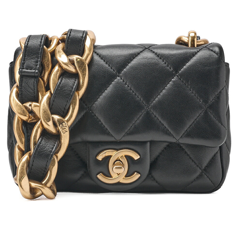 CHANEL Lambskin Minimat Loss? Turn Lock Thick Chain Shoulder Black Gold-Tone Hardware, Pre-Owned