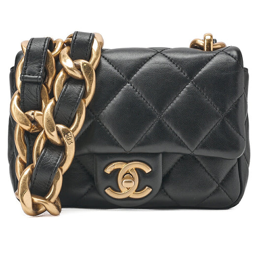CHANEL Lambskin Minimat Loss? Turn Lock Thick Chain Shoulder Black Gold-Tone Hardware, Pre-Owned