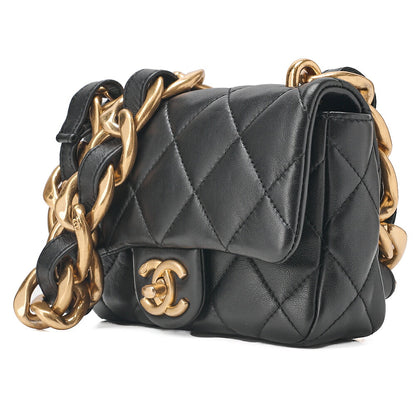CHANEL Lambskin Minimat Loss? Turn Lock Thick Chain Shoulder Black Gold-Tone Hardware, Pre-Owned
