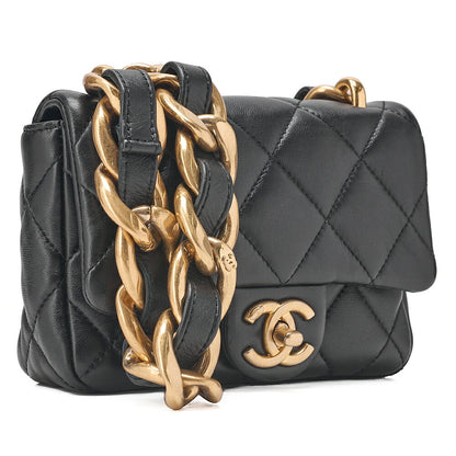 CHANEL Lambskin Minimat Loss? Turn Lock Thick Chain Shoulder Black Gold-Tone Hardware, Pre-Owned