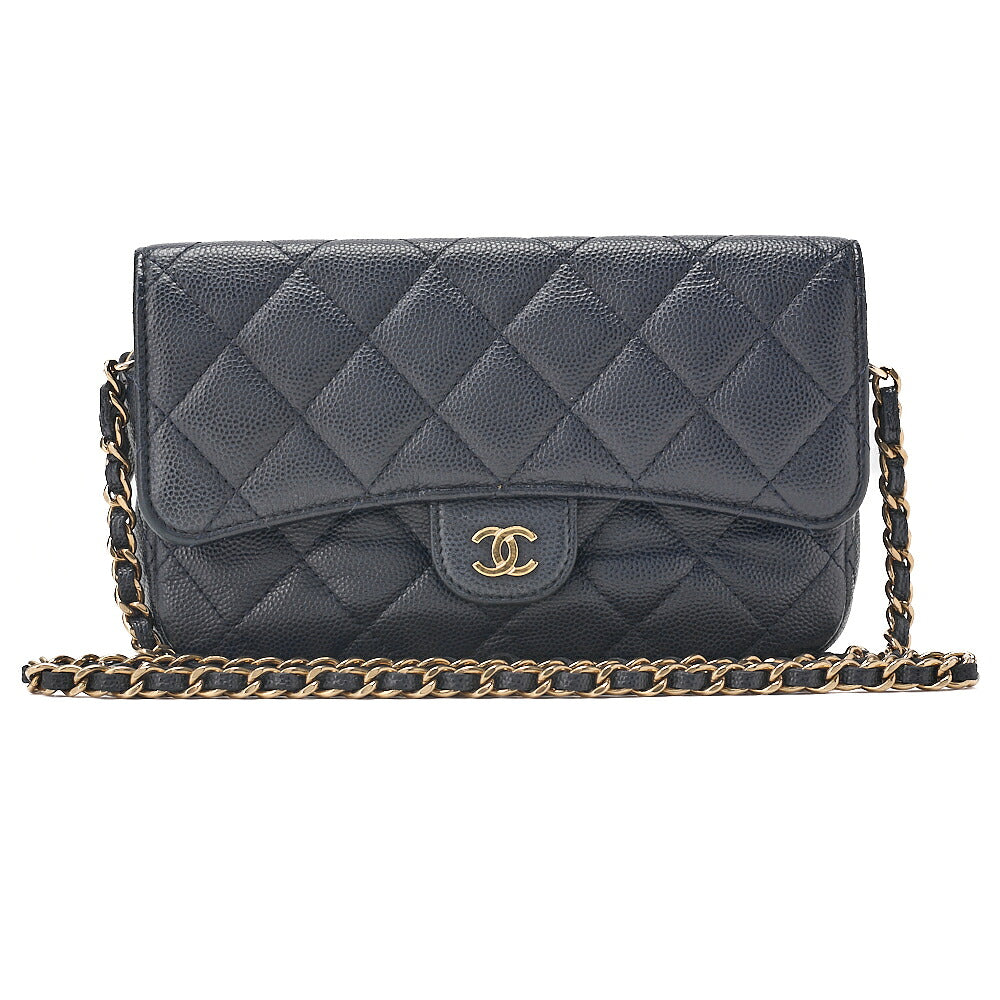 CHANEL Machiavia Skin Matelasse Push Lock Chain Wallet Navy Gold-Tone Hardware, Pre-Owned