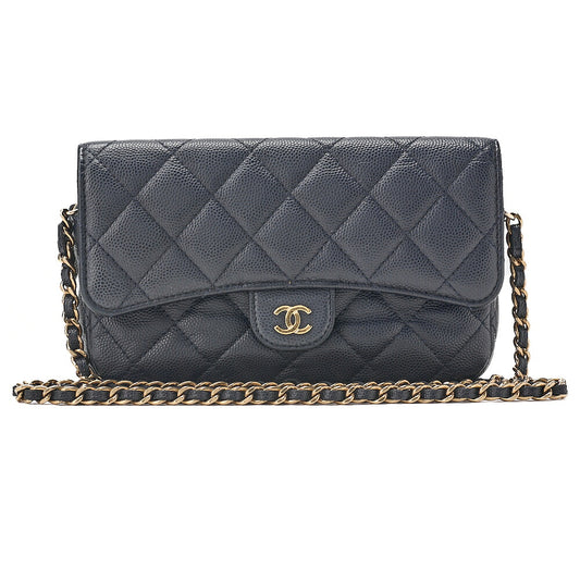 CHANEL Machiavia Skin Matelasse Push Lock Chain Wallet Navy Gold-Tone Hardware, Pre-Owned