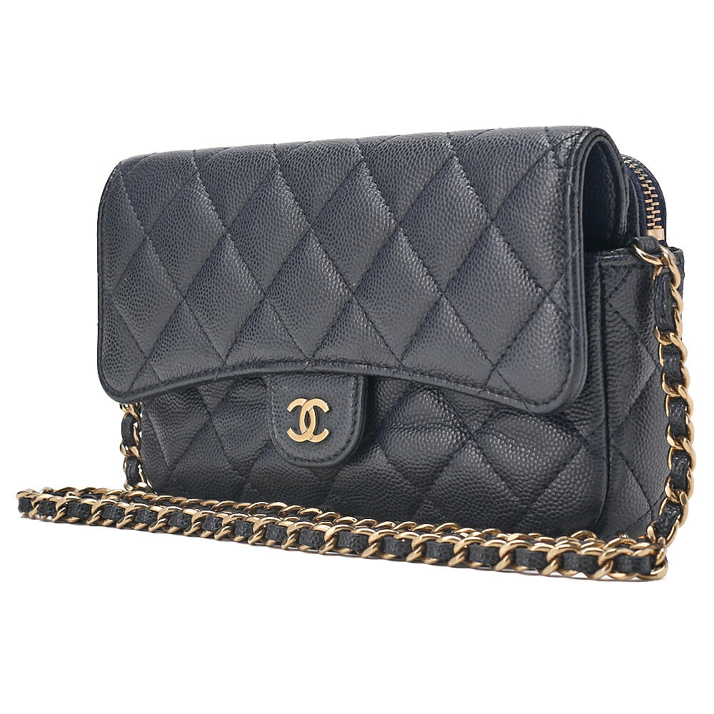 CHANEL Machiavia Skin Matelasse Push Lock Chain Wallet Navy Gold-Tone Hardware, Pre-Owned