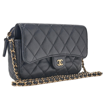 CHANEL Machiavia Skin Matelasse Push Lock Chain Wallet Navy Gold-Tone Hardware, Pre-Owned