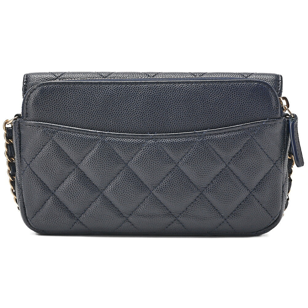 CHANEL Machiavia Skin Matelasse Push Lock Chain Wallet Navy Gold-Tone Hardware, Pre-Owned