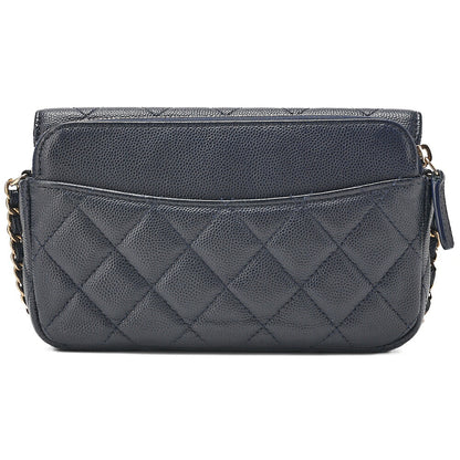 CHANEL Machiavia Skin Matelasse Push Lock Chain Wallet Navy Gold-Tone Hardware, Pre-Owned