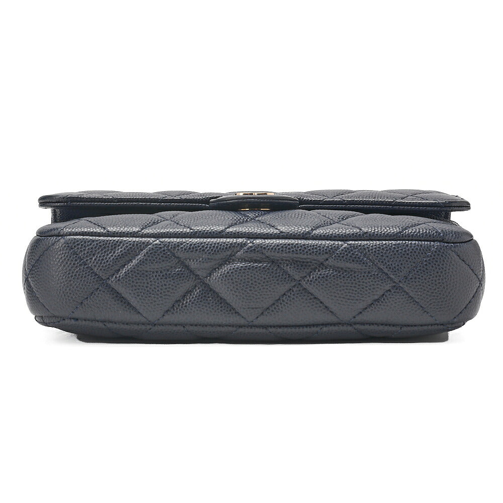 CHANEL Machiavia Skin Matelasse Push Lock Chain Wallet Navy Gold-Tone Hardware, Pre-Owned