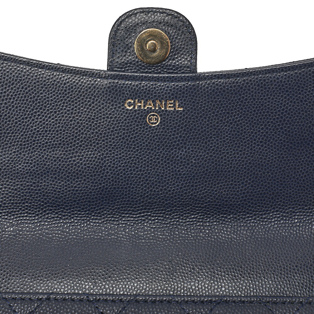 CHANEL Machiavia Skin Matelasse Push Lock Chain Wallet Navy Gold-Tone Hardware, Pre-Owned