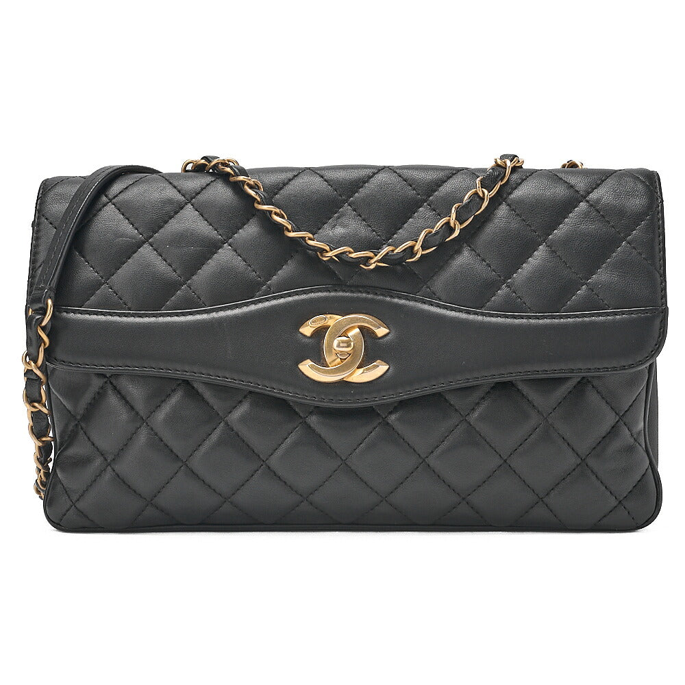CHANEL Lambskin Matelasse Design Flap Chain Shoulder Black Gold-Tone Hardware, Pre-Owned