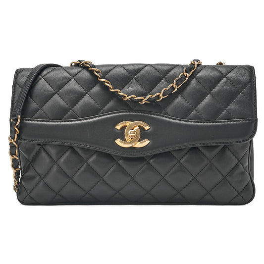 CHANEL Lambskin Matelasse Design Flap Chain Shoulder Black Gold-Tone Hardware, Pre-Owned