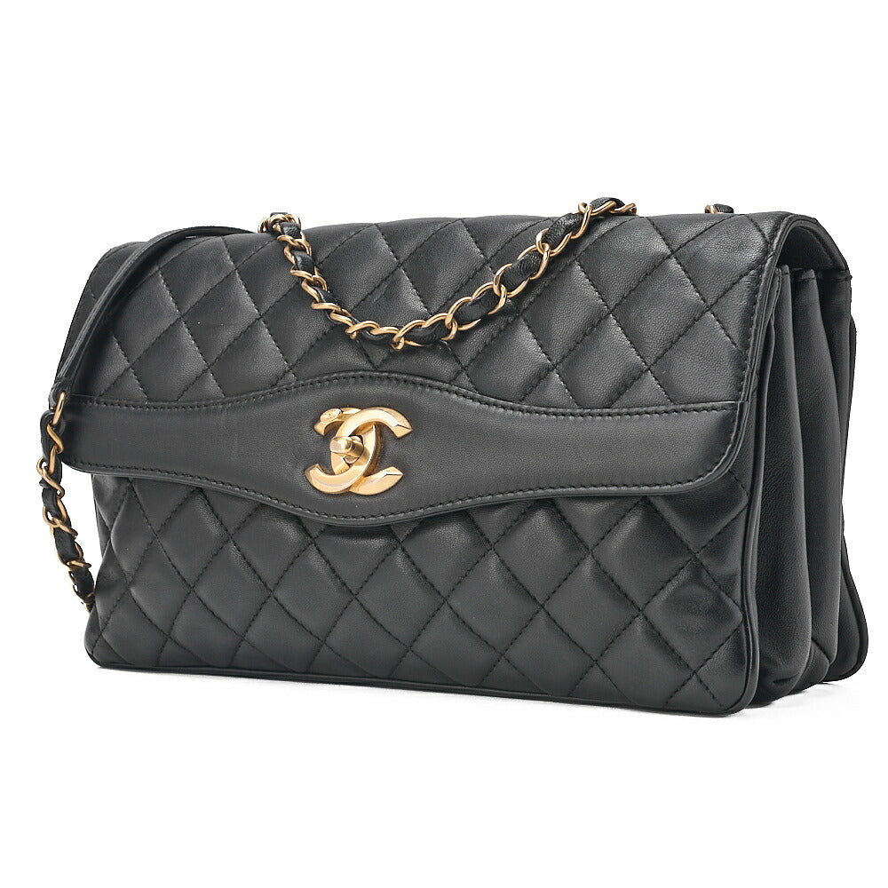 CHANEL Lambskin Matelasse Design Flap Chain Shoulder Black Gold-Tone Hardware, Pre-Owned