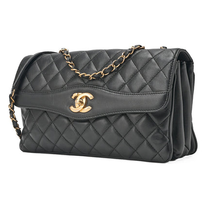 CHANEL Lambskin Matelasse Design Flap Chain Shoulder Black Gold-Tone Hardware, Pre-Owned