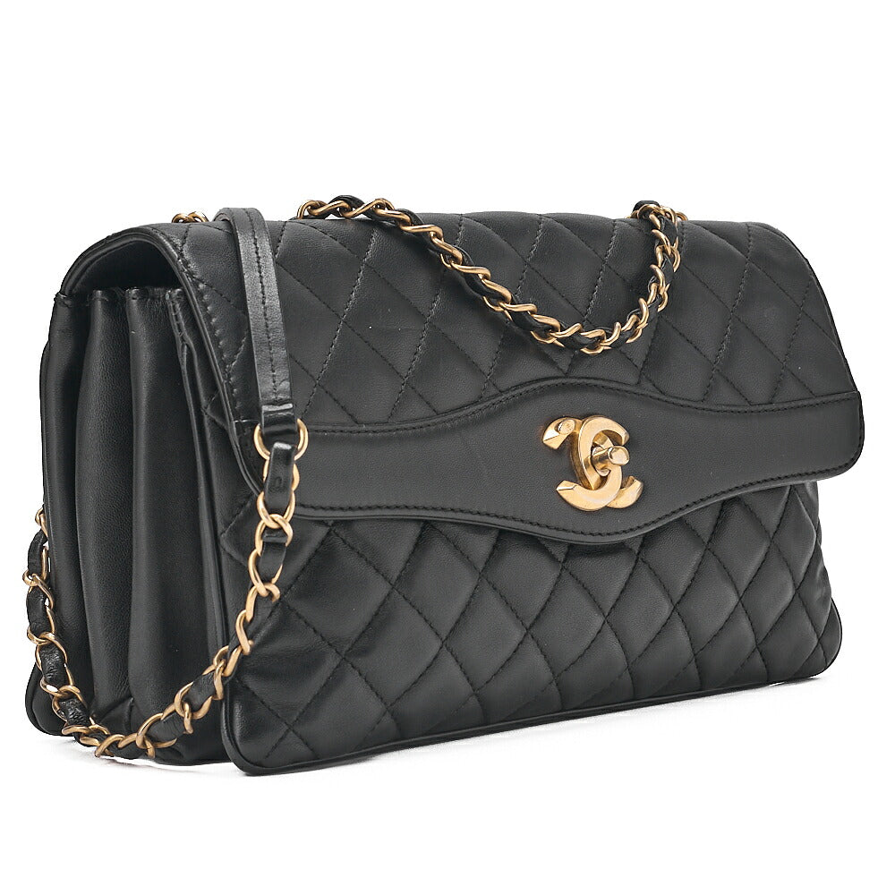CHANEL Lambskin Matelasse Design Flap Chain Shoulder Black Gold-Tone Hardware, Pre-Owned