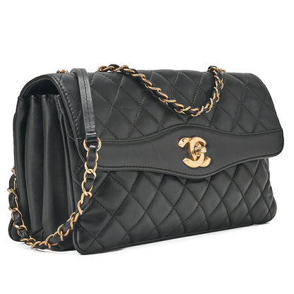 CHANEL Lambskin Matelasse Design Flap Chain Shoulder Black Gold-Tone Hardware, Pre-Owned