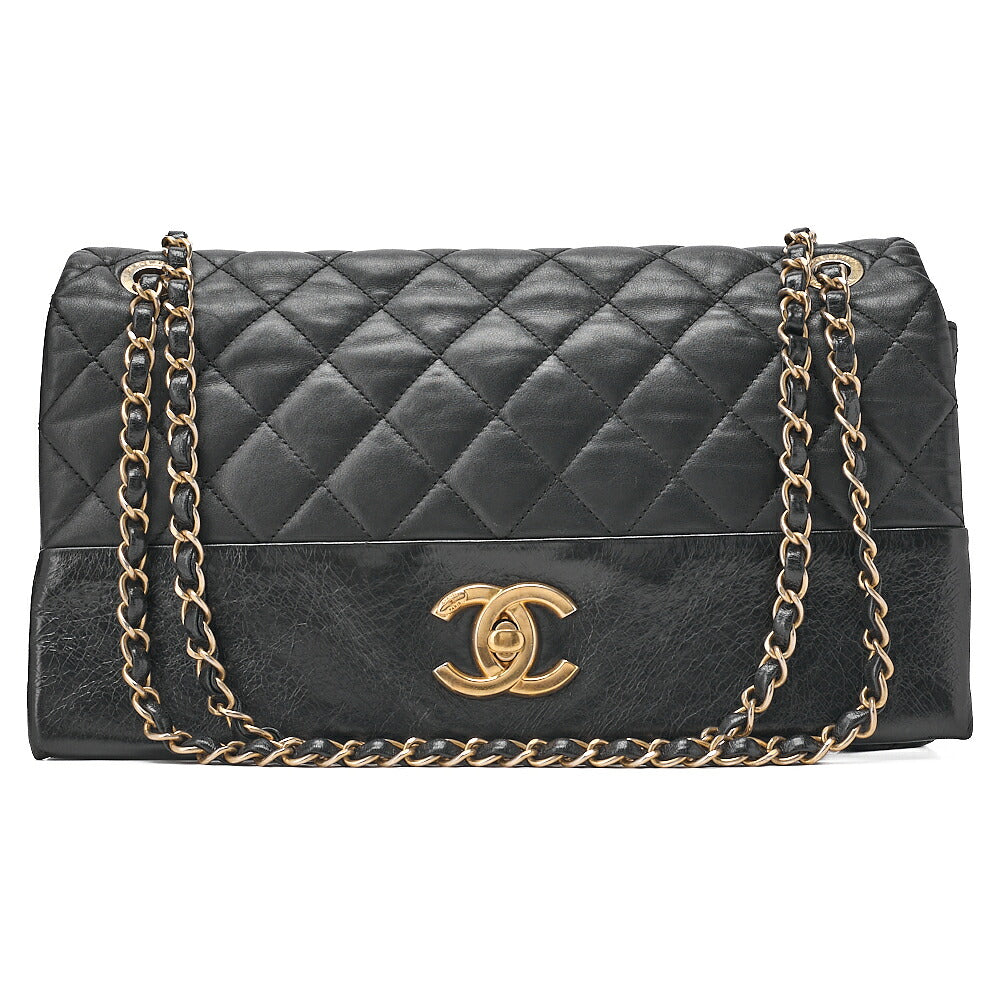 CHANEL Lambskin x Vintage Calf Matelasse Full Flap Turn Lock Large Size Chain Shoulder Black Gold-Tone Hardware, Pre-Owned