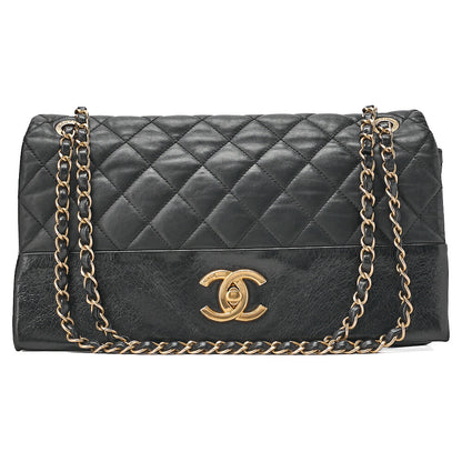 CHANEL Lambskin x Vintage Calf Matelasse Full Flap Turn Lock Large Size Chain Shoulder Black Gold-Tone Hardware, Pre-Owned