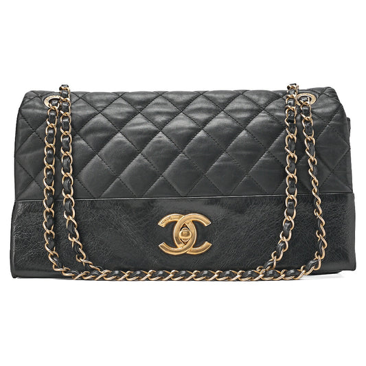 CHANEL Lambskin x Vintage Calf Matelasse Full Flap Turn Lock Large Size Chain Shoulder Black Gold-Tone Hardware, Pre-Owned
