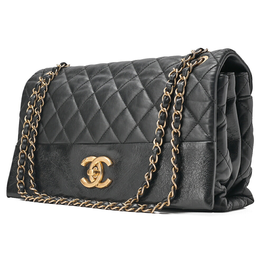 CHANEL Lambskin x Vintage Calf Matelasse Full Flap Turn Lock Large Size Chain Shoulder Black Gold-Tone Hardware, Pre-Owned