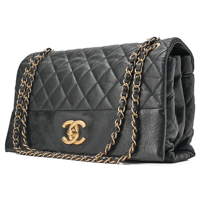 CHANEL Lambskin x Vintage Calf Matelasse Full Flap Turn Lock Large Size Chain Shoulder Black Gold-Tone Hardware, Pre-Owned