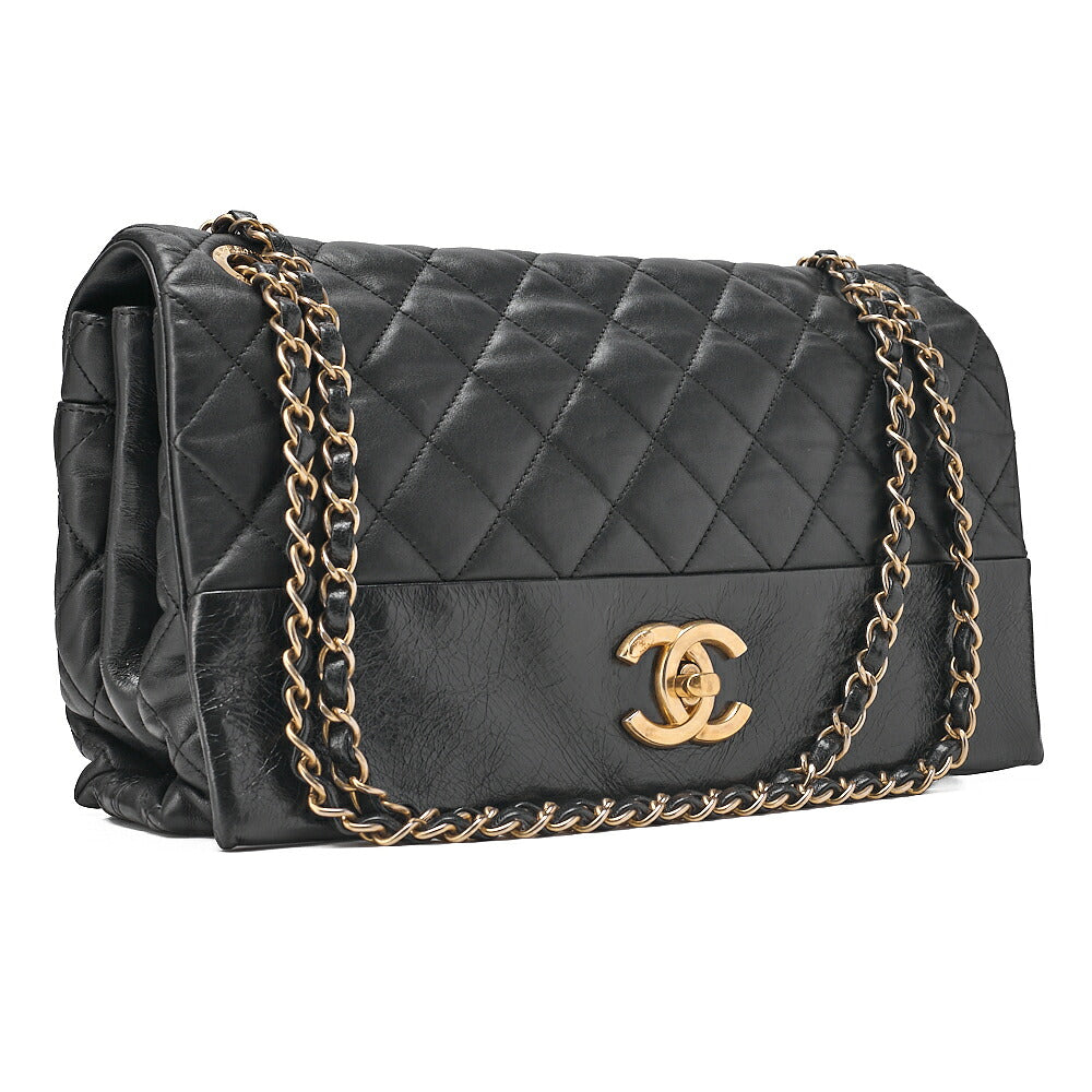 CHANEL Lambskin x Vintage Calf Matelasse Full Flap Turn Lock Large Size Chain Shoulder Black Gold-Tone Hardware, Pre-Owned