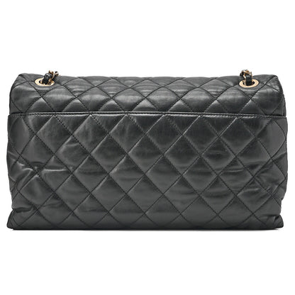 CHANEL Lambskin x Vintage Calf Matelasse Full Flap Turn Lock Large Size Chain Shoulder Black Gold-Tone Hardware, Pre-Owned