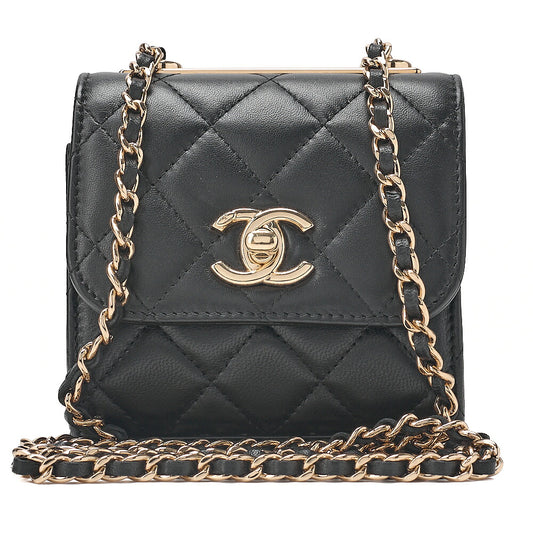 CHANEL Lambskin Mini Matelasse Chain Shoulder Black Gold-Tone Hardware, Pre-Owned