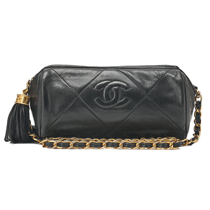 CHANEL Lambskin Coco Mark Fringe Chain Shoulder Black Gold-Tone Hardware, Pre-Owned