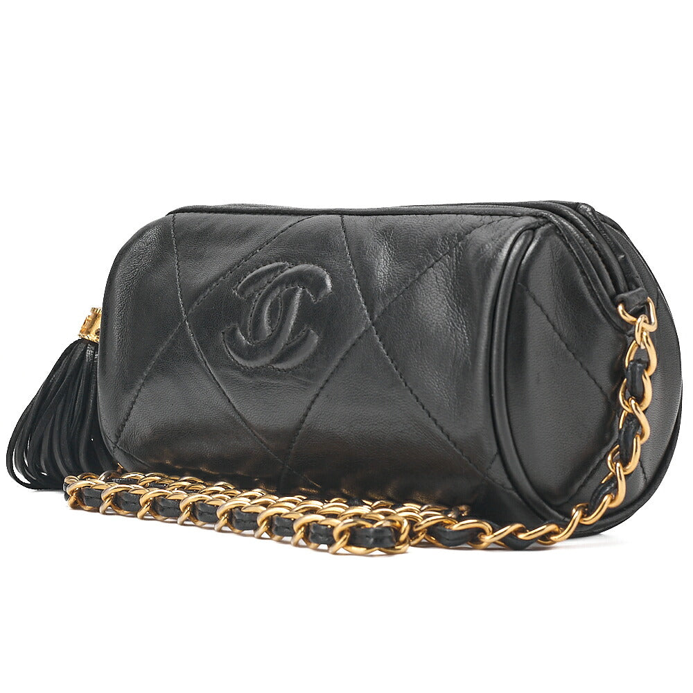 CHANEL Lambskin Coco Mark Fringe Chain Shoulder Black Gold-Tone Hardware, Pre-Owned