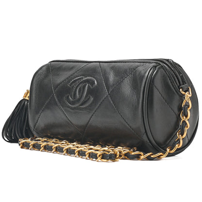 CHANEL Lambskin Coco Mark Fringe Chain Shoulder Black Gold-Tone Hardware, Pre-Owned