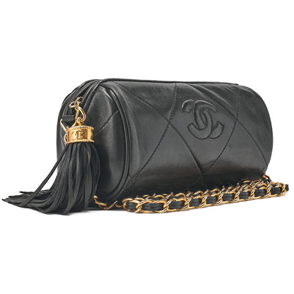 CHANEL Lambskin Coco Mark Fringe Chain Shoulder Black Gold-Tone Hardware, Pre-Owned