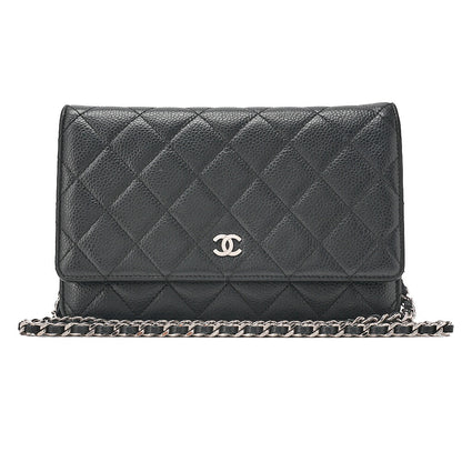 CHANEL Caviar Skin Matelasse Chain Wallet Black Silver-Tone Hardware, Pre-Owned