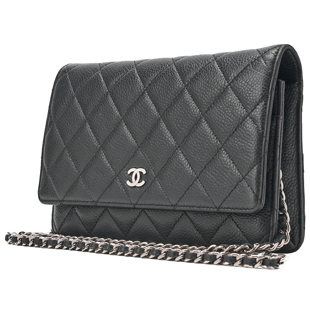 CHANEL Caviar Skin Matelasse Chain Wallet Black Silver-Tone Hardware, Pre-Owned