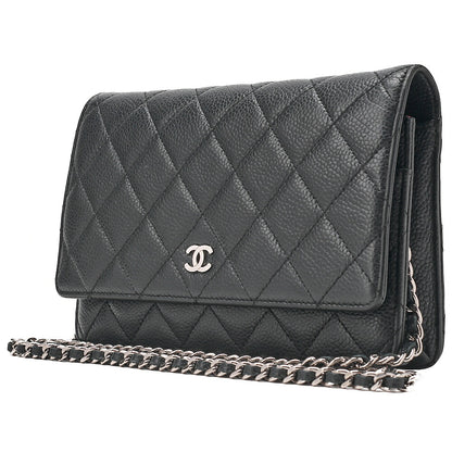 CHANEL Caviar Skin Matelasse Chain Wallet Black Silver-Tone Hardware, Pre-Owned