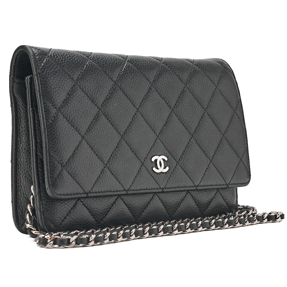 CHANEL Caviar Skin Matelasse Chain Wallet Black Silver-Tone Hardware, Pre-Owned