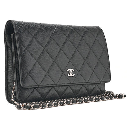 CHANEL Caviar Skin Matelasse Chain Wallet Black Silver-Tone Hardware, Pre-Owned