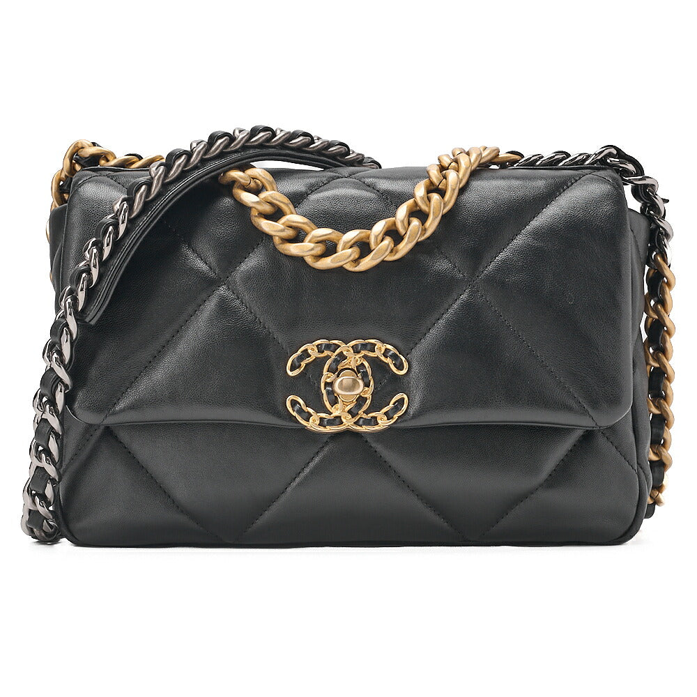 CHANEL Lambskin Matelasse Chanel 19 2WAY Chain Shoulder Black Gold x Silver-Tone Hardware, Pre-Owned