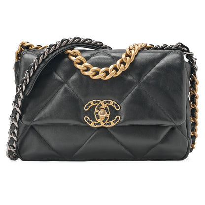 CHANEL Lambskin Matelasse Chanel 19 2WAY Chain Shoulder Black Gold x Silver-Tone Hardware, Pre-Owned