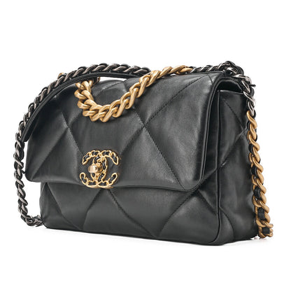 CHANEL Lambskin Matelasse Chanel 19 2WAY Chain Shoulder Black Gold x Silver-Tone Hardware, Pre-Owned