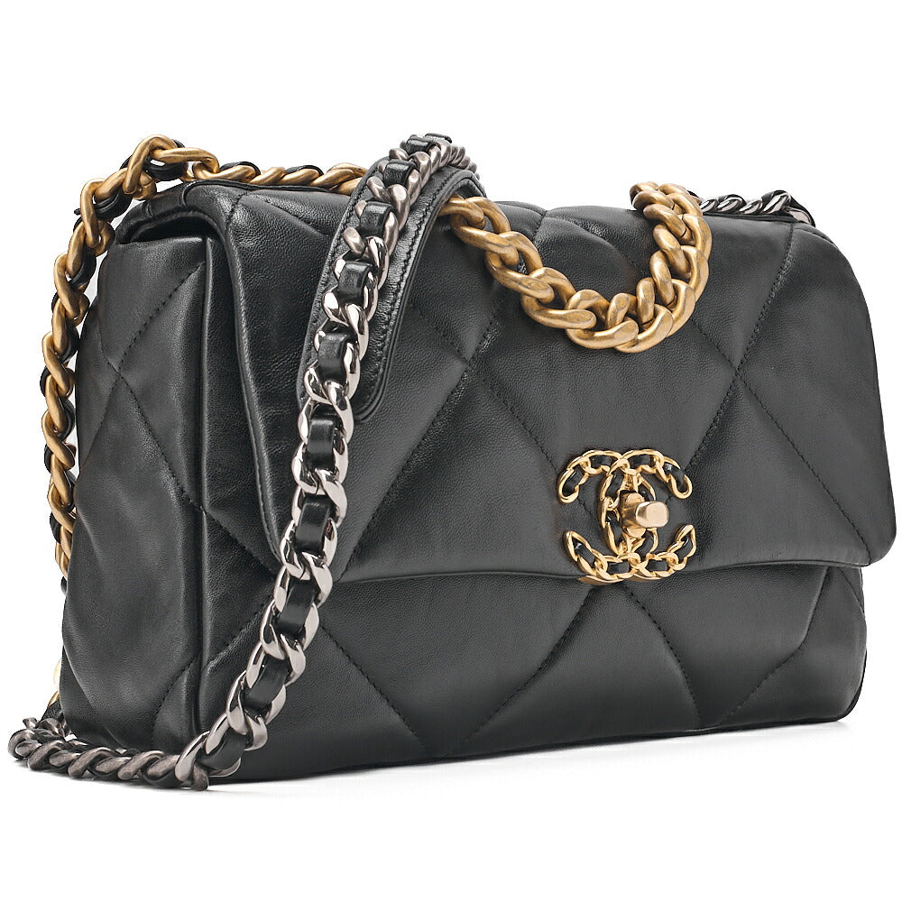 CHANEL Lambskin Matelasse Chanel 19 2WAY Chain Shoulder Black Gold x Silver-Tone Hardware, Pre-Owned