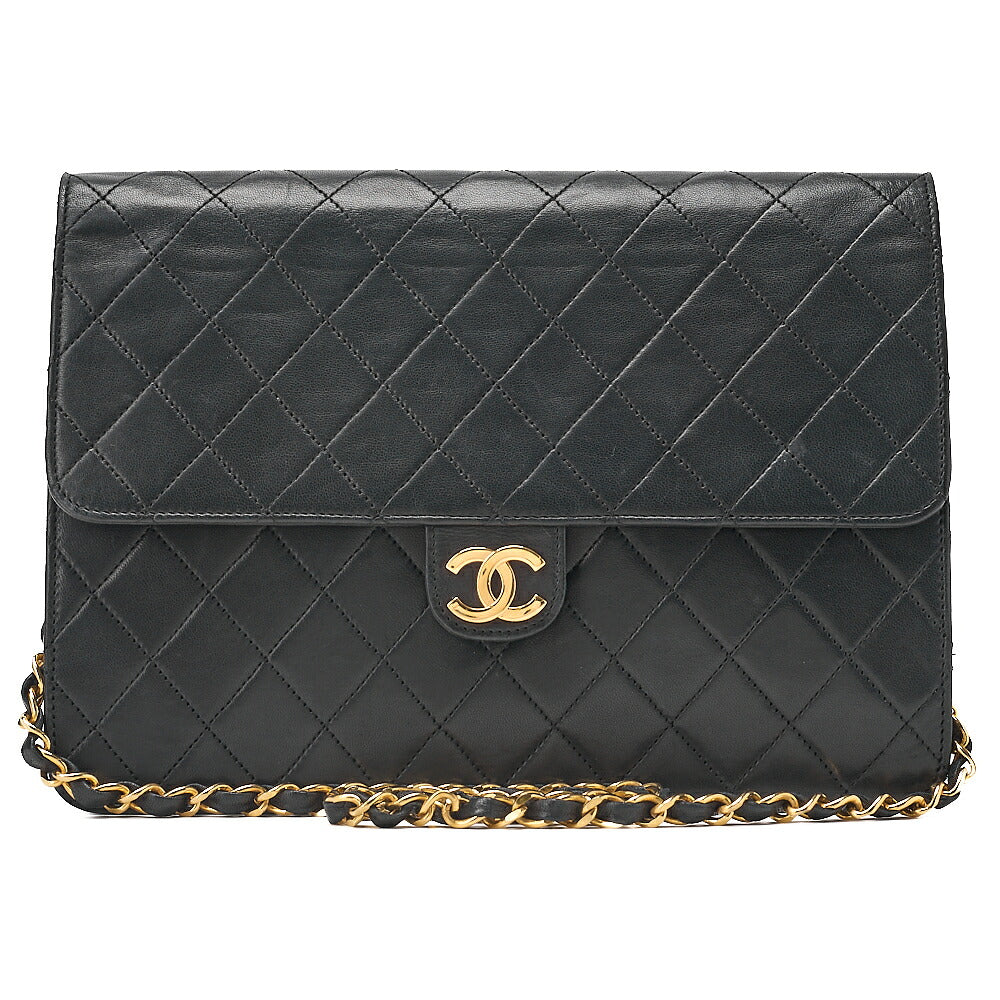 CHANEL Lambskin Matelasse Push Lock Chain Shoulder Black Gold-Tone Hardware, Pre-Owned