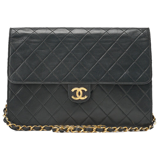 CHANEL Lambskin Matelasse Push Lock Chain Shoulder Black Gold-Tone Hardware, Pre-Owned