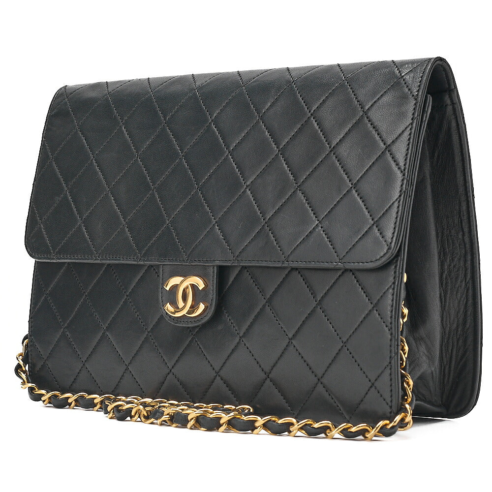 CHANEL Lambskin Matelasse Push Lock Chain Shoulder Black Gold-Tone Hardware, Pre-Owned