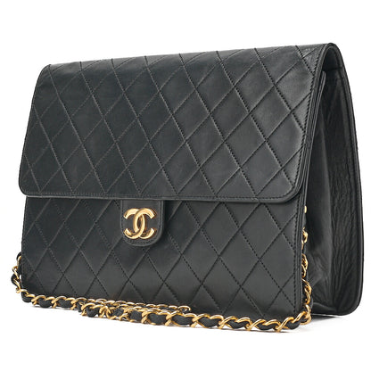 CHANEL Lambskin Matelasse Push Lock Chain Shoulder Black Gold-Tone Hardware, Pre-Owned